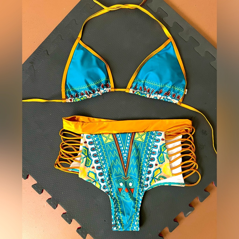 Teal & Gold Bikini with Tribal Print